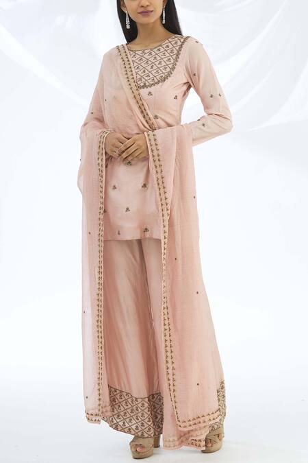 Astha Narang Pink Cotton, Chanderi Silk Round Kurta Palazzo Set Online at Aza Fashions Astha Narang_Pink Cotton, Chanderi Silk Round Kurta Palazzo Set _Online_at_Aza_Fashions