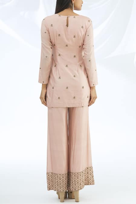 Shop Astha Narang Pink Cotton, Chanderi Silk Round Kurta Palazzo Set at Aza Fashions Shop_Astha Narang_Pink Cotton, Chanderi Silk Round Kurta Palazzo Set _at_Aza_Fashions