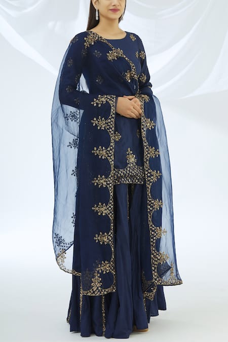 Astha Narang Blue Silk, Organza Round Kurta Gharara Set 
