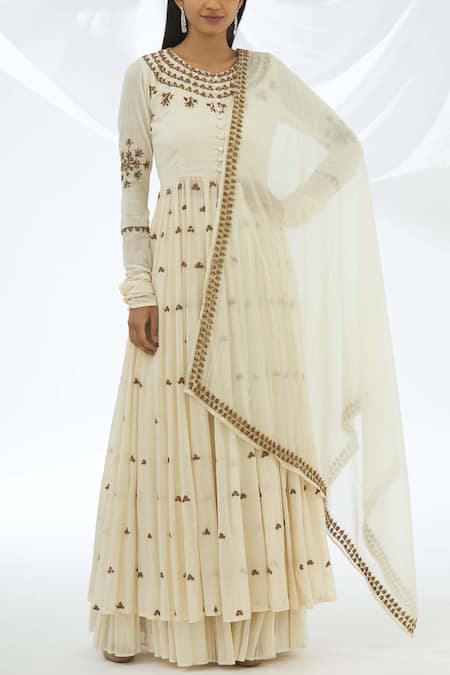 Astha Narang White Cotton, Chanderi Silk Round Anarkali Sharara Set Online at Aza Fashions Astha Narang_White Cotton, Chanderi Silk Round Anarkali Sharara Set _Online_at_Aza_Fashions