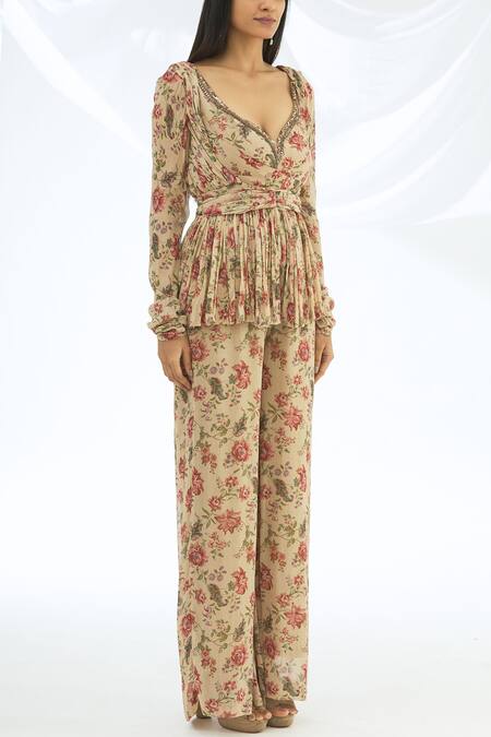 Astha Narang Beige Sweetheart Neck Printed Jumpsuit With Jacket Online at Aza Fashions Astha Narang_Beige Sweetheart Neck Printed Jumpsuit With Jacket _Online_at_Aza_Fashions
