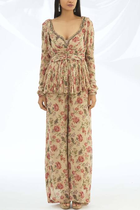 Buy Astha Narang Beige Sweetheart Neck Printed Jumpsuit With Jacket Online at Aza Fashions Buy_Astha Narang_Beige Sweetheart Neck Printed Jumpsuit With Jacket _Online_at_Aza_Fashions