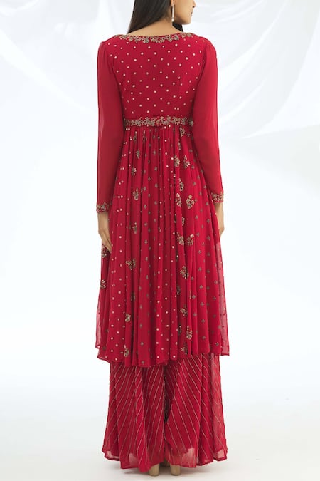 Shop Astha Narang Red Georgette V Neck Embroidered Anarkali Set at Aza Fashions Shop_Astha Narang_Red Georgette V Neck Embroidered Anarkali Set _at_Aza_Fashions
