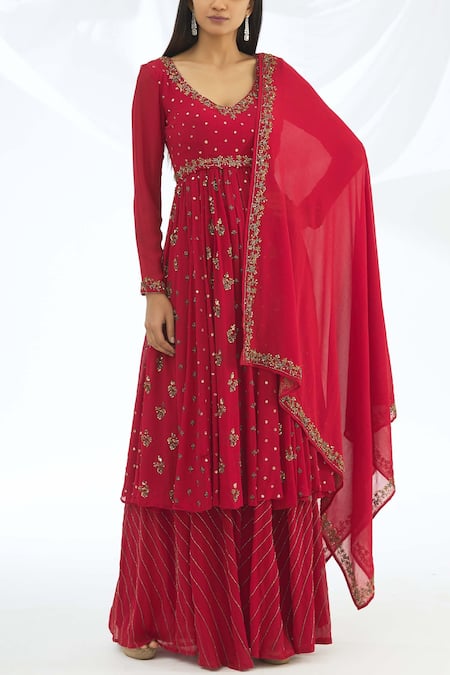 Astha Narang Red Georgette V Neck Embroidered Anarkali Set Online at Aza Fashions Astha Narang_Red Georgette V Neck Embroidered Anarkali Set _Online_at_Aza_Fashions