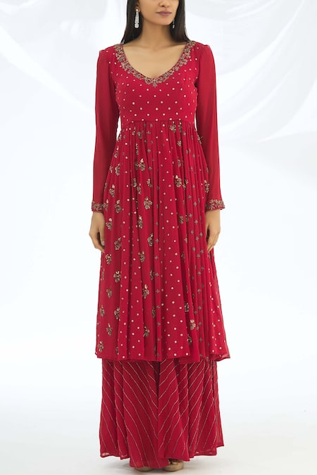 Buy Astha Narang Red Georgette V Neck Embroidered Anarkali Set Online at Aza Fashions Buy_Astha Narang_Red Georgette V Neck Embroidered Anarkali Set _Online_at_Aza_Fashions