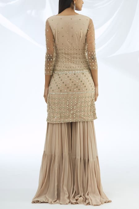 Shop Astha Narang Pink Kurta And Dupatta Net Sharara Georgette Round Embroidered Set at Aza Fashions Shop_Astha Narang_Pink Kurta And Dupatta Net Sharara Georgette Round Embroidered Set _at_Aza_Fashions