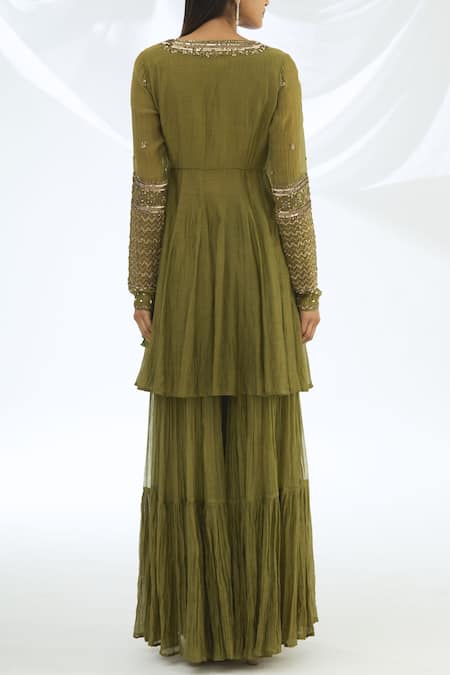 Shop Astha Narang Green Cotton, Chanderi Silk V Neck Kurta Sharara Set at Aza Fashions Shop_Astha Narang_Green Cotton, Chanderi Silk V Neck Kurta Sharara Set _at_Aza_Fashions