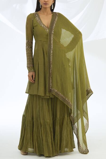 Astha Narang Green Cotton, Chanderi Silk V Neck Kurta Sharara Set Online at Aza Fashions Astha Narang_Green Cotton, Chanderi Silk V Neck Kurta Sharara Set _Online_at_Aza_Fashions