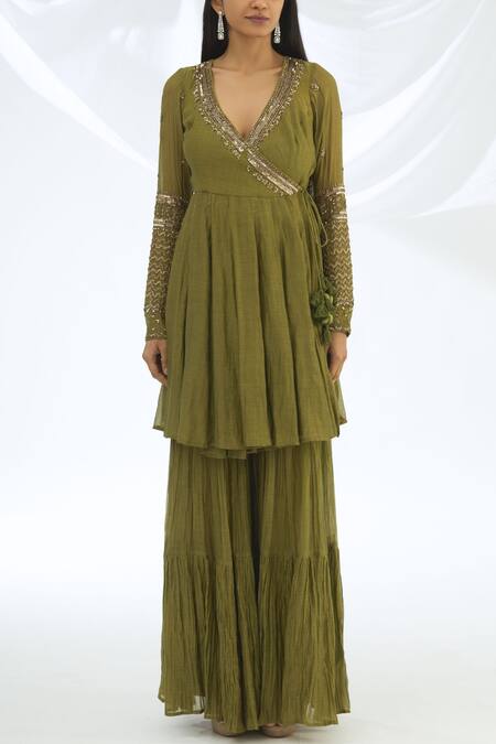 Buy Astha Narang Green Cotton, Chanderi Silk V Neck Kurta Sharara Set Online at Aza Fashions Buy_Astha Narang_Green Cotton, Chanderi Silk V Neck Kurta Sharara Set _Online_at_Aza_Fashions