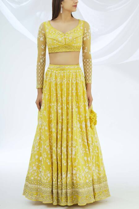 Buy_ASTHA NARANG_Yellow Net, Crepe Leaf Neck Embroidered Lehenga Set_Online_at_Aza_Fashions