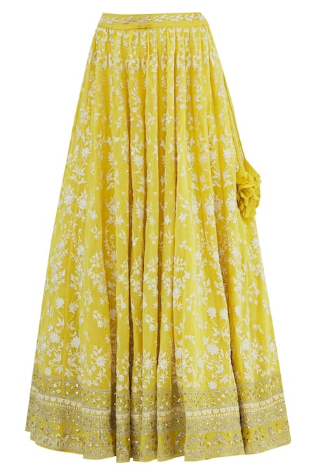 Shop_ASTHA NARANG_Yellow Net, Crepe Leaf Neck Embroidered Lehenga Set_Online_at_Aza_Fashions