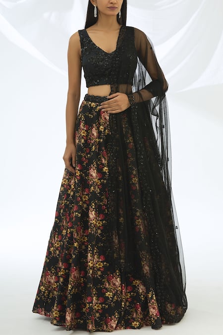 Astha Narang Black Chanderi V Neck Lehenga Set  