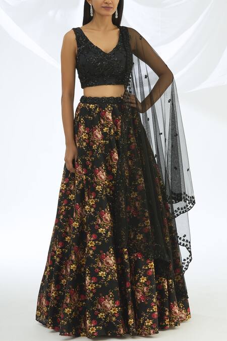 Astha Narang Black Chanderi, Crepe V Neck Lehenga Set Online at Aza Fashions Astha Narang_Black Chanderi, Crepe V Neck Lehenga Set_Online_at_Aza_Fashions
