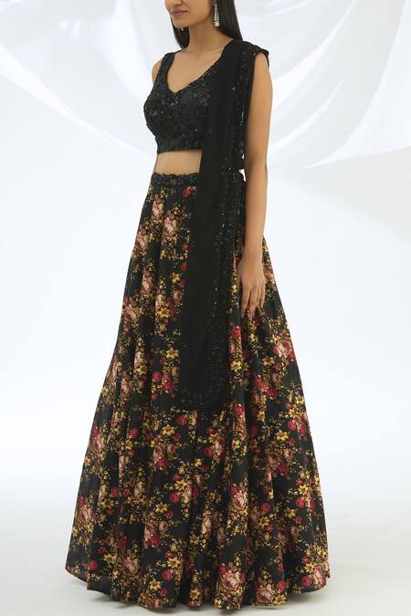 Buy Astha Narang Black Chanderi, Crepe V Neck Lehenga Set Online at Aza Fashions Buy_Astha Narang_Black Chanderi, Crepe V Neck Lehenga Set_Online_at_Aza_Fashions