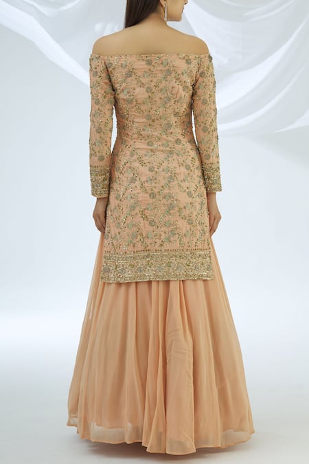 Shop Astha Narang Peach Net, Georgette Embroidered Kurta Lehenga Set at Aza Fashions Shop_Astha Narang_Peach Net, Georgette Embroidered Kurta Lehenga Set _at_Aza_Fashions