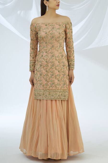 Astha Narang Peach Net, Georgette Embroidered Kurta Lehenga Set Online at Aza Fashions Astha Narang_Peach Net, Georgette Embroidered Kurta Lehenga Set _Online_at_Aza_Fashions