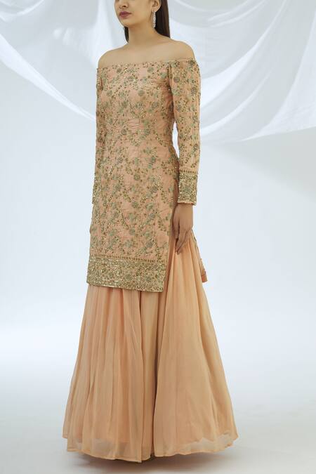 Buy Astha Narang Peach Net, Georgette Embroidered Kurta Lehenga Set Online at Aza Fashions Buy_Astha Narang_Peach Net, Georgette Embroidered Kurta Lehenga Set _Online_at_Aza_Fashions
