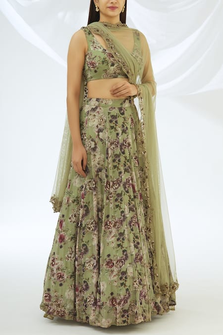 Astha Narang Green Georgette Round Floral Print Lehenga Set  