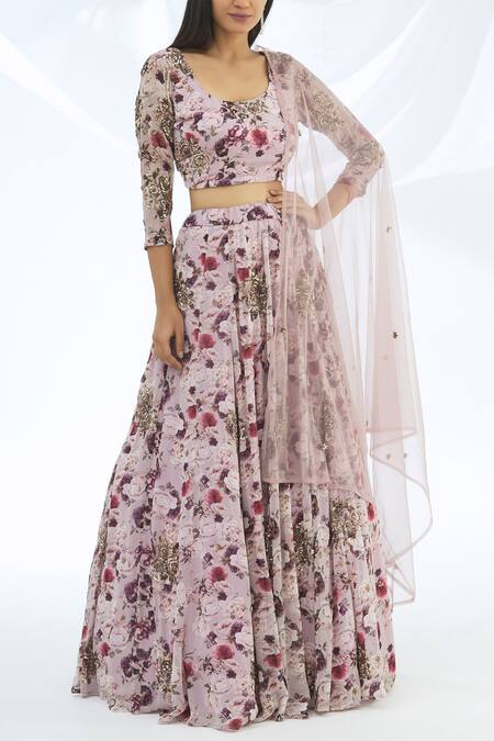 Buy_ASTHA NARANG_Purple Blouse And Lehenga Georgette Dupatta Net Round Printed Set_Online_at_Aza_Fashions