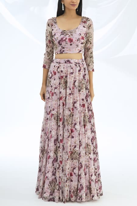 ASTHA NARANG_Purple Blouse And Lehenga Georgette Dupatta Net Round Printed Set_Online_at_Aza_Fashions