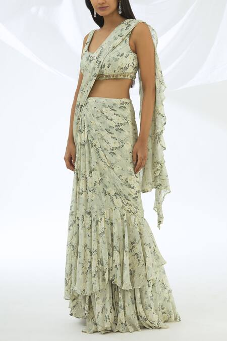 Buy_Astha Narang_Green Crepe, Chiffon Round Printed Pre-draped Saree With Blouse _Online_at_Aza_Fashions