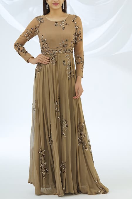 Buy Beige Georgette Round Embroidered Flared Jumpsuit For Women by ...