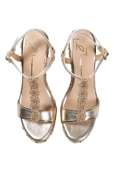 Shop Nidhi Bhandari Beige Embroidery, Sequins Velvet Wedge Sandals at Aza Fashions Shop_Nidhi Bhandari_Beige Embroidery, Sequins Velvet Wedge Sandals _at_Aza_Fashions
