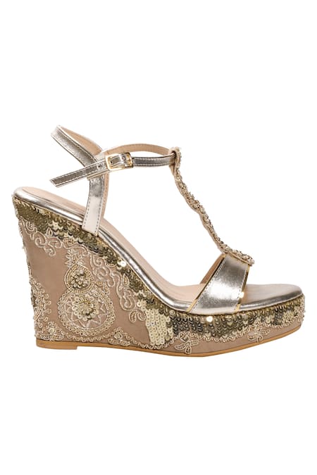 Nidhi Bhandari Beige Embroidery, Sequins Velvet Wedge Sandals Online at Aza Fashions Nidhi Bhandari_Beige Embroidery, Sequins Velvet Wedge Sandals _Online_at_Aza_Fashions