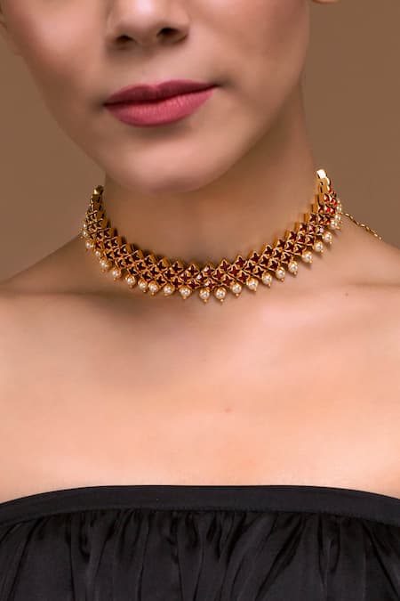 Gold Plated Coral Glass Stone Choker Necklace In Sterling Silver Design by  Tarun Tahiliani Accessories at Pernia's Pop Up Shop 2024