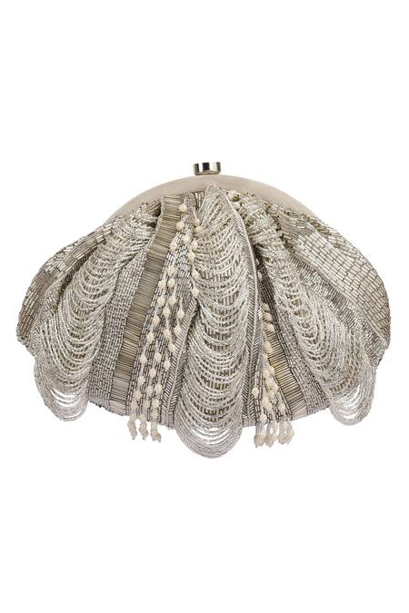 Buy Lovetobag Silver Luminous Japanese Micro Bead And Baroque Pearl Embellishment Ruche Clutch Online at Aza Fashions Buy_Lovetobag_Silver Luminous Japanese Micro Bead And Baroque Pearl Embellishment Ruche Clutch _Online_at_Aza_Fashions
