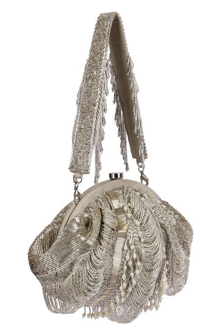 Shop Lovetobag Silver Luminous Japanese Micro Bead And Baroque Pearl Embellishment Ruche Clutch Online at Aza Fashions Shop_Lovetobag_Silver Luminous Japanese Micro Bead And Baroque Pearl Embellishment Ruche Clutch _Online_at_Aza_Fashions