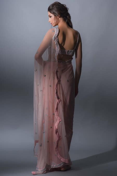 Shop Mani Bhatia Pink Net, Crepe, Satin Pre-draped Embellished Saree at Aza Fashions Shop_Mani Bhatia_Pink Net, Crepe, Satin Pre-draped Embellished Saree _at_Aza_Fashions