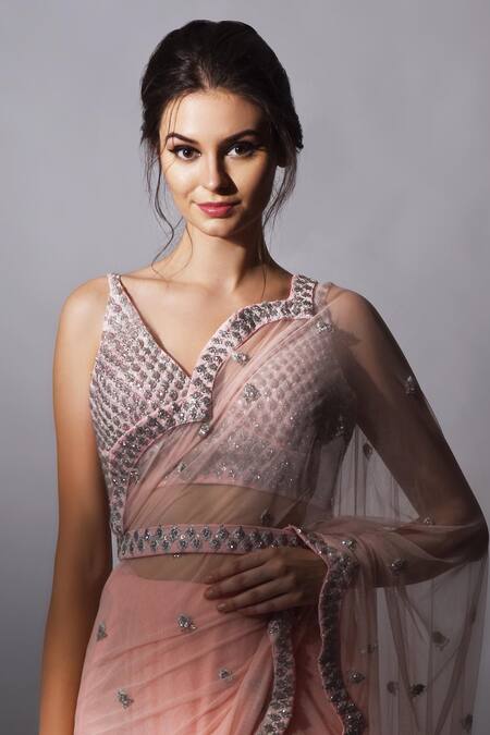 Buy Mani Bhatia Pink Net, Crepe, Satin Pre-draped Embellished Saree Online at Aza Fashions Buy_Mani Bhatia_Pink Net, Crepe, Satin Pre-draped Embellished Saree _Online_at_Aza_Fashions