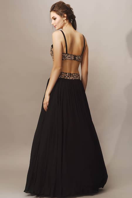 Shop_Mani Bhatia_Black Raw Silk Sweetheart Neck Embellished Jacket Lehenga Set _at_Aza_Fashions