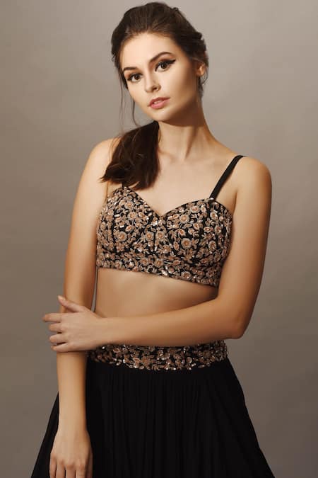 Mani Bhatia_Black Raw Silk Sweetheart Neck Embellished Jacket Lehenga Set _Online_at_Aza_Fashions