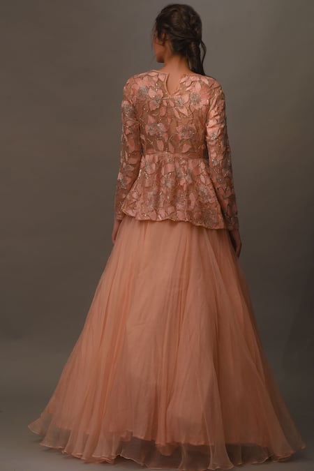 Shop Mani Bhatia Peach Organza, Net Round Embroidered Kurta Lehenga Set at Aza Fashions Shop_Mani Bhatia_Peach Organza, Net Round Embroidered Kurta Lehenga Set _at_Aza_Fashions