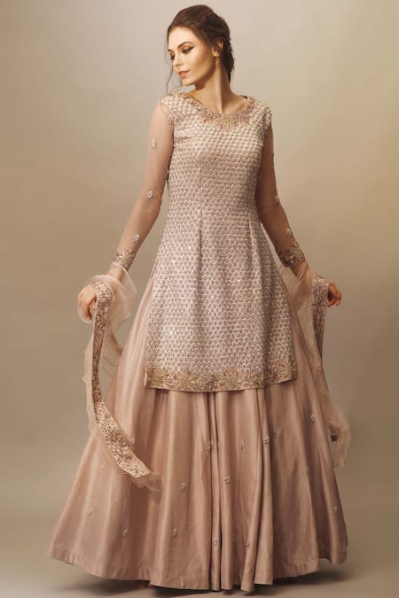 Mani Bhatia_Purple Net, Georgette, Dupion Silk Round Embellished Kurta Lehenga Set _Online_at_Aza_Fashions