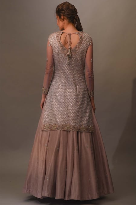 Shop Mani Bhatia Purple Net, Georgette, Dupion Silk Round Embellished Kurta Lehenga Set at Aza Fashions Shop_Mani Bhatia_Purple Net, Georgette, Dupion Silk Round Embellished Kurta Lehenga Set _at_Aza_Fashions