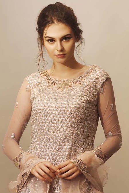 Buy Mani Bhatia Purple Net, Georgette, Dupion Silk Round Embellished Kurta Lehenga Set Online at Aza Fashions Buy_Mani Bhatia_Purple Net, Georgette, Dupion Silk Round Embellished Kurta Lehenga Set _Online_at_Aza_Fashions