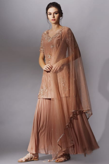 Mani Bhatia_Brown V Neck Embellished Kurta Set _Online_at_Aza_Fashions