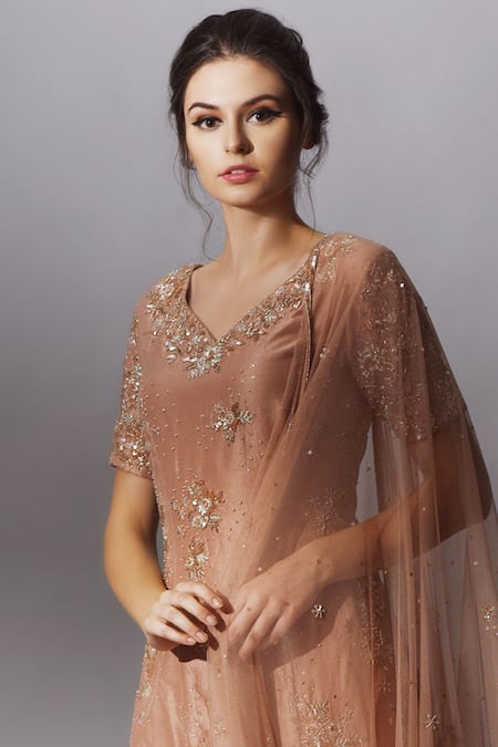 Buy_Mani Bhatia_Brown V Neck Embellished Kurta Set _Online_at_Aza_Fashions