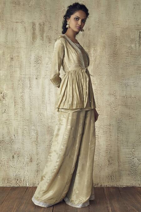 Himani & Anjali Shah_Gold Tissue Embroidered Peplum Jacket Pant Set_Online_at_Aza_Fashions