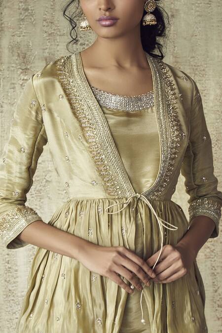 Buy_Himani & Anjali Shah_Gold Tissue Embroidered Peplum Jacket Pant Set_Online_at_Aza_Fashions