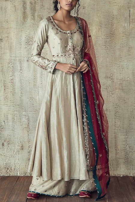 Himani & Anjali Shah Beige Chanderi Silk Anarkali Set