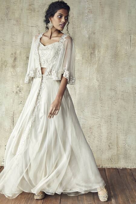 Himani & Anjali Shah Beige Net Embroidered Cape Lehenga Set Online at Aza Fashions Himani & Anjali Shah_Beige Net Embroidered Cape Lehenga Set_Online_at_Aza_Fashions