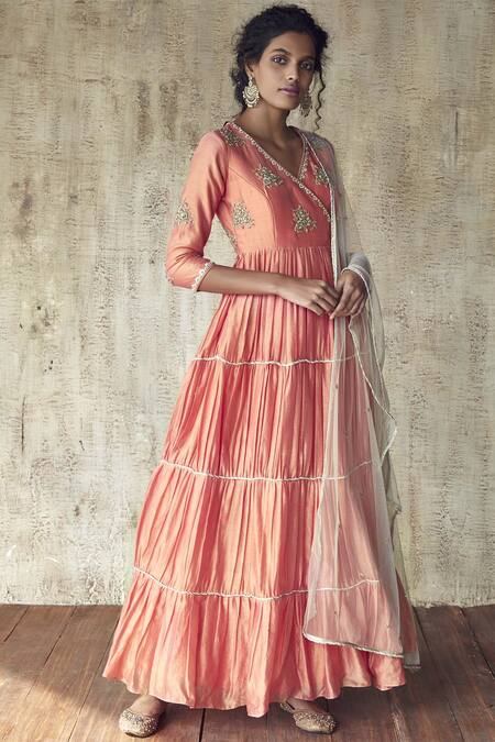 Himani & Anjali Shah_Coral Chanderi Silk Anarkali With Dupatta_Online_at_Aza_Fashions
