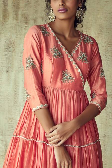 Shop_Himani & Anjali Shah_Coral Chanderi Silk Anarkali With Dupatta_Online_at_Aza_Fashions