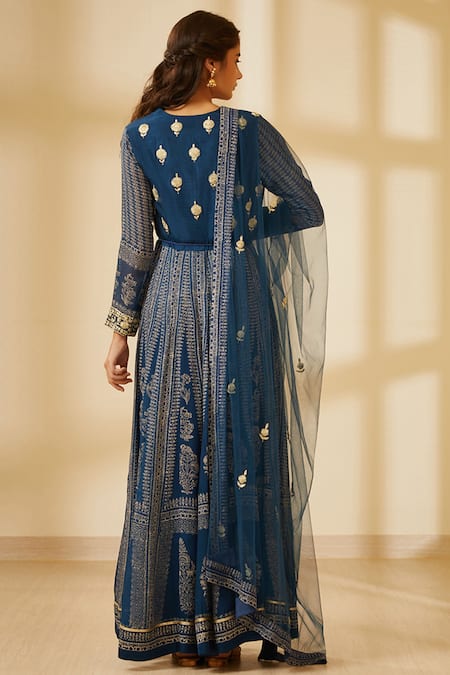 Shop Shyam Narayan Prasad Blue Georgette Embroidery 3d Floral Round Block Print Anarkali Set at Aza Fashions Shop_Shyam Narayan Prasad_Blue Georgette Embroidery 3d Floral Round Block Print Anarkali Set _at_Aza_Fashions