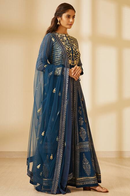 Shyam Narayan Prasad Blue Georgette Embroidery 3d Floral Round Block Print Anarkali Set Online at Aza Fashions Shyam Narayan Prasad_Blue Georgette Embroidery 3d Floral Round Block Print Anarkali Set _Online_at_Aza_Fashions
