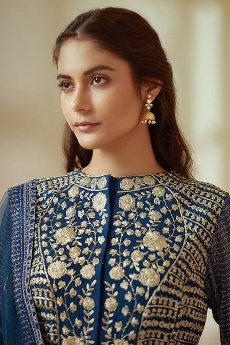 Buy Shyam Narayan Prasad Blue Georgette Embroidery 3d Floral Round Block Print Anarkali Set Online at Aza Fashions Buy_Shyam Narayan Prasad_Blue Georgette Embroidery 3d Floral Round Block Print Anarkali Set _Online_at_Aza_Fashions